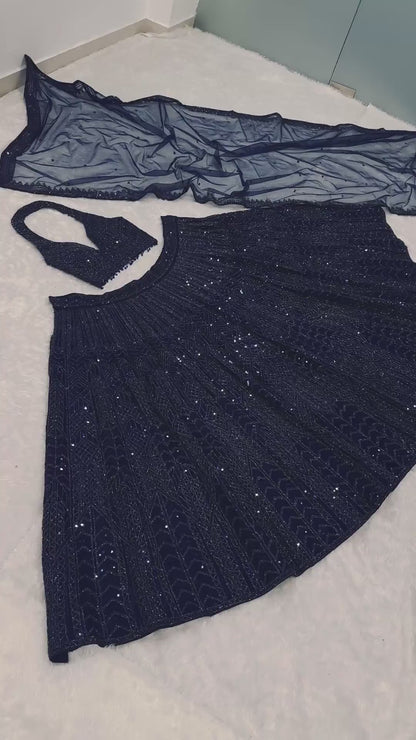 Designer navy embroidered lehenga featuring can-can skirt and heavy net dupatta – WishTown Fashion Club