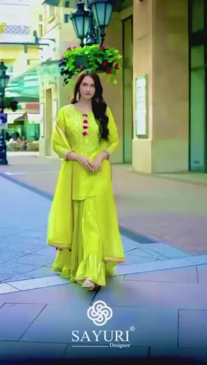 Premium olive green coding sequin embroidered sharara set with stitched top and elegant dupatta – WishTown Fashion Club