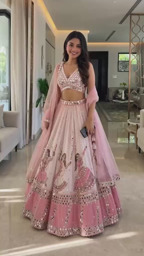 High definition retail showcase video displaying real mirror shine and four meter flare twirl of star georgette lehenga - WishTown Fashion Club