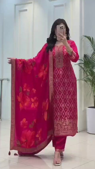 Dark pink Banarasi silk kurti pant dupatta set video showcasing zari work and drape - WishTown Fashion Club