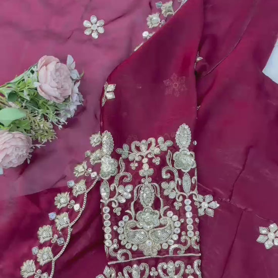 High definition retail display video highlighting the brilliant sparkle of mixed size sequins and the sweeping movement of the maroon anarkali skirt flare.