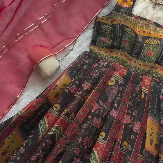 Black digital printed Jimmy organza silk Anarkali gown full view video - WishTown Fashion Club