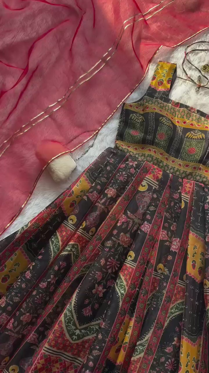 Black digital printed Jimmy organza silk Anarkali gown full view video - WishTown Fashion Club