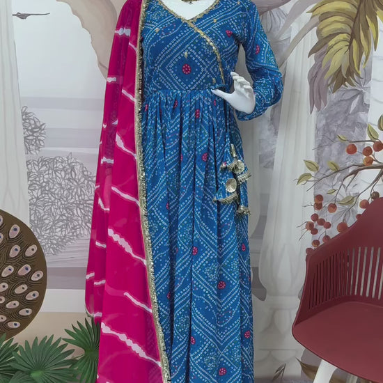 Sky blue faux georgette Anarkali gown set flare and dupatta styling video - WishTown Fashion Club