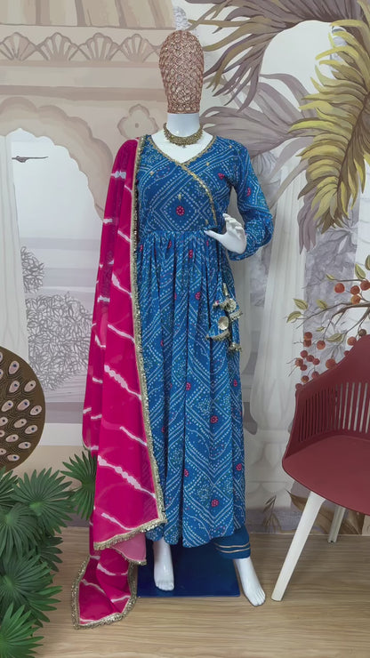 Sky blue faux georgette Anarkali gown set flare and dupatta styling video - WishTown Fashion Club