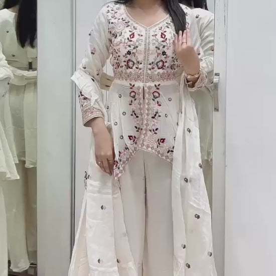 White Rangoli silk embroidered top paired with fully stitched plazzo and festive dupatta – WishTown Fashion Club