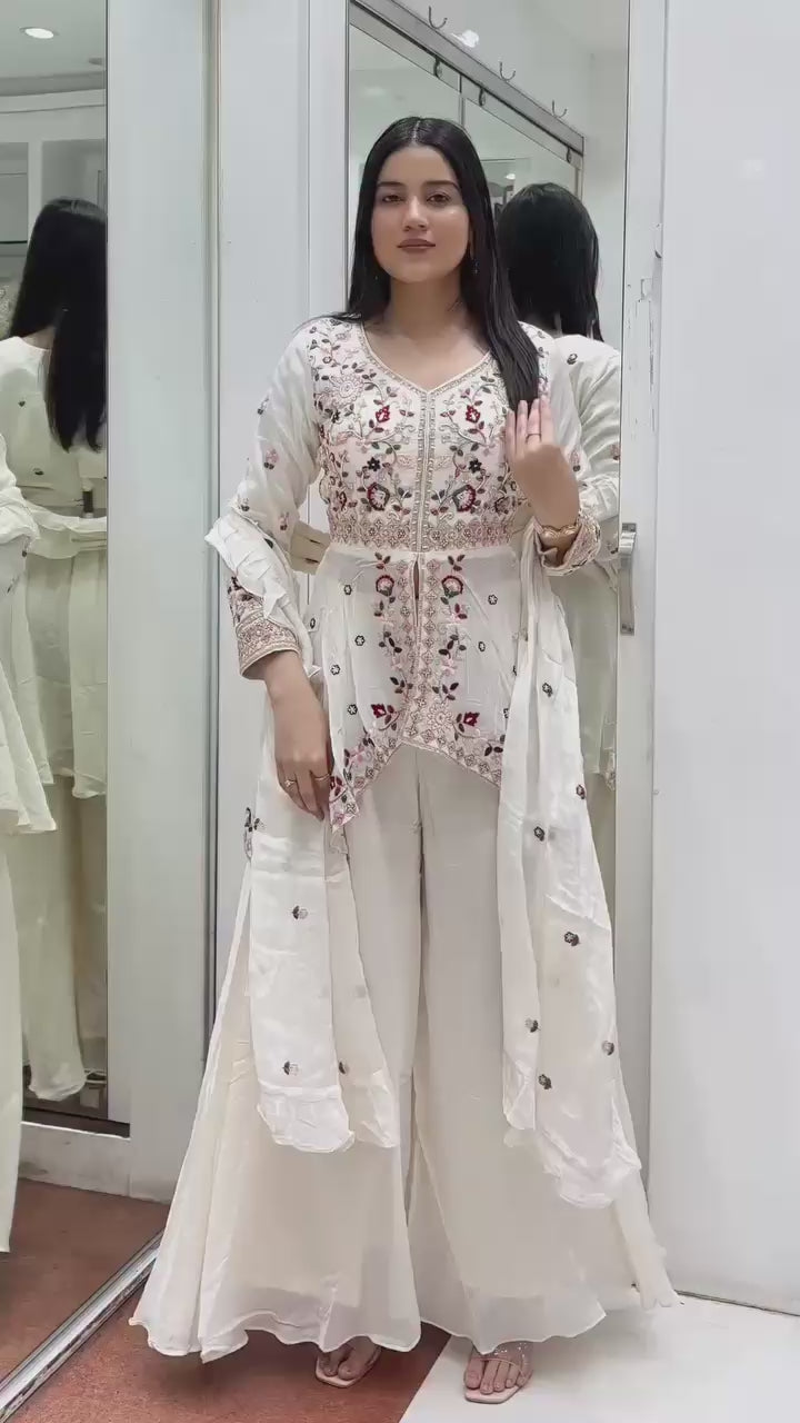 White Rangoli silk embroidered top paired with fully stitched plazzo and festive dupatta – WishTown Fashion Club