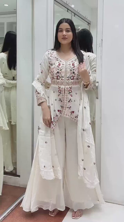 White Rangoli silk embroidered top paired with fully stitched plazzo and festive dupatta – WishTown Fashion Club