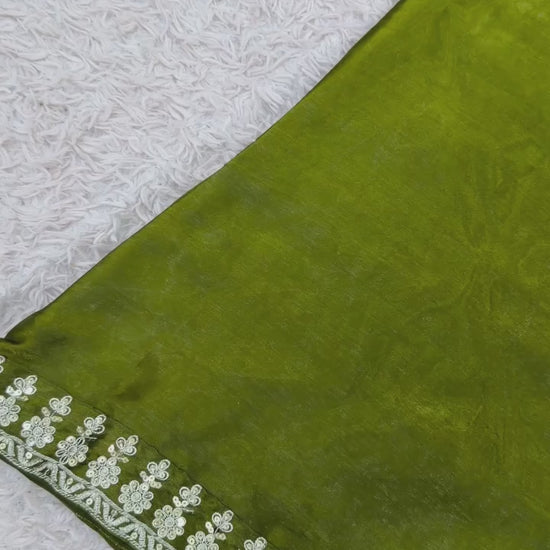 Green stylish party wear silk outfit featuring intricate embroidery, comfortable fit plazzo and matching dupatta – WishTown Fashion Club