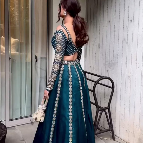 Teal blue wedding lehenga video with complete front and back view - WishTown Fashion Club