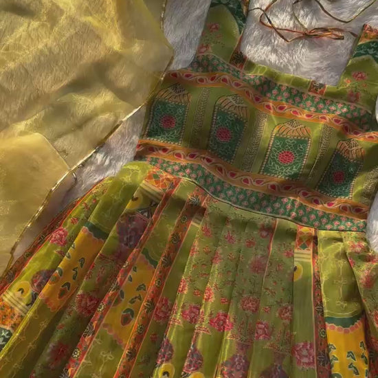 Tangerine olive green Jimmy organza silk Anarkali gown full flare product video - WishTown Fashion Club