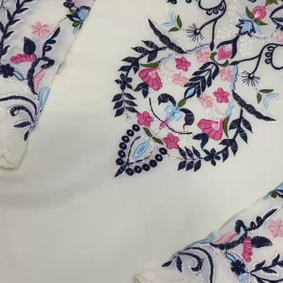 Studio product demonstration video highlighting the full layout details and the sweeping fluid motion of the off white star georgette dupatta under lights.