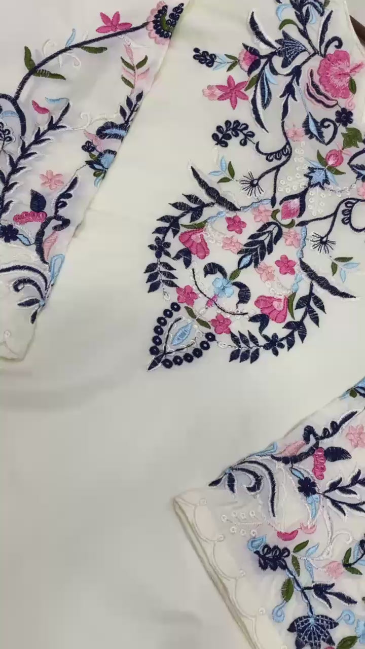 Studio product demonstration video highlighting the full layout details and the sweeping fluid motion of the off white star georgette dupatta under lights.
