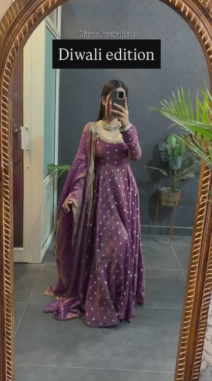 Purple designer gown with pant set showing elegant flare and dupatta styling video - WishTown Fashion Club
