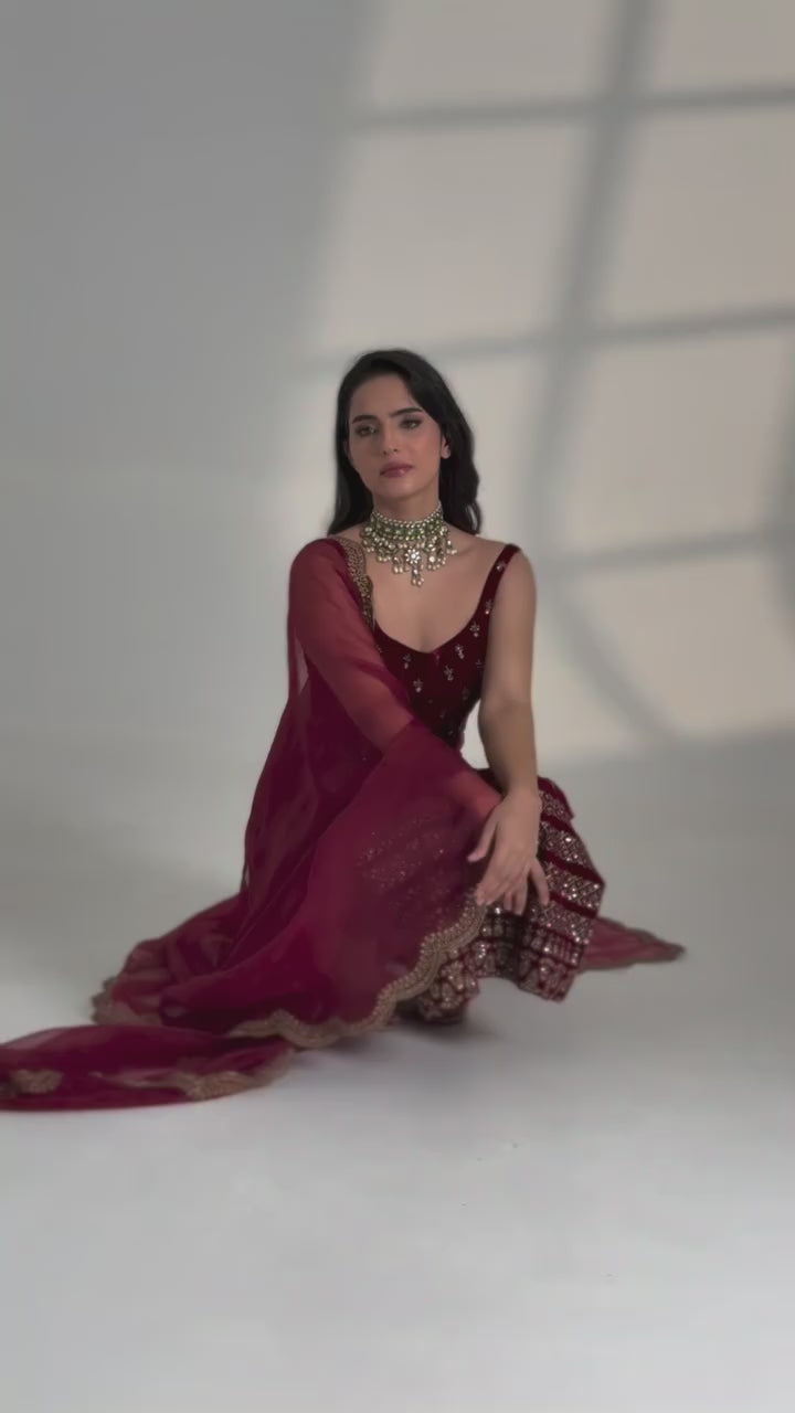 Maroon festive ethnic Roman Glass suit set with organza dupatta walking video - WishTown Fashion Club
