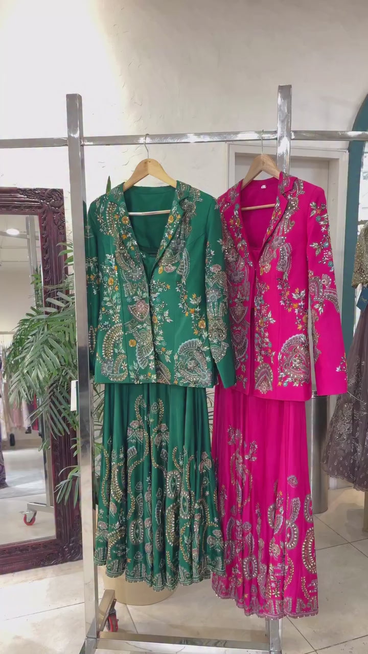 Video featuring purple, green and dark pink Chinon three-piece plazzo sets with embroidered koti designs – WishTown Fashion Club