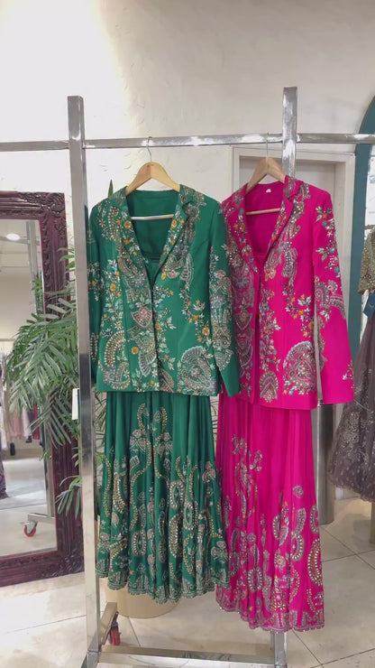 Video featuring purple, green and dark pink Chinon three-piece plazzo sets with embroidered koti designs – WishTown Fashion Club