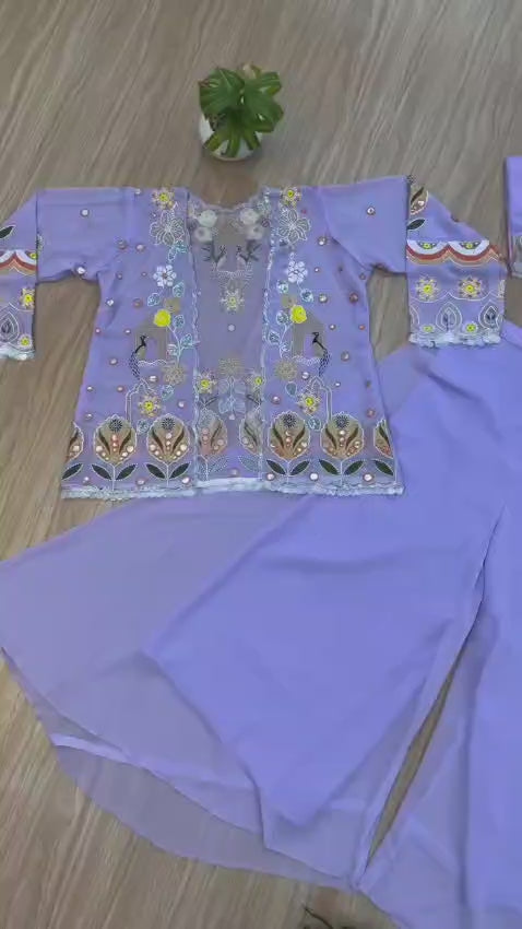 Lavender georgette heavy embroidery three-piece set featuring koti, blouse and palazzo – WishTown Fashion Club
