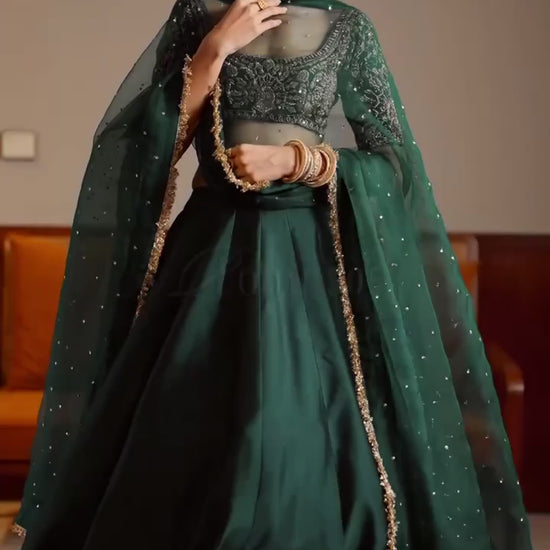 Green satin lehenga set including plain skirt with can-can, unstitched embroidered blouse and net dupatta – WishTown Fashion Club