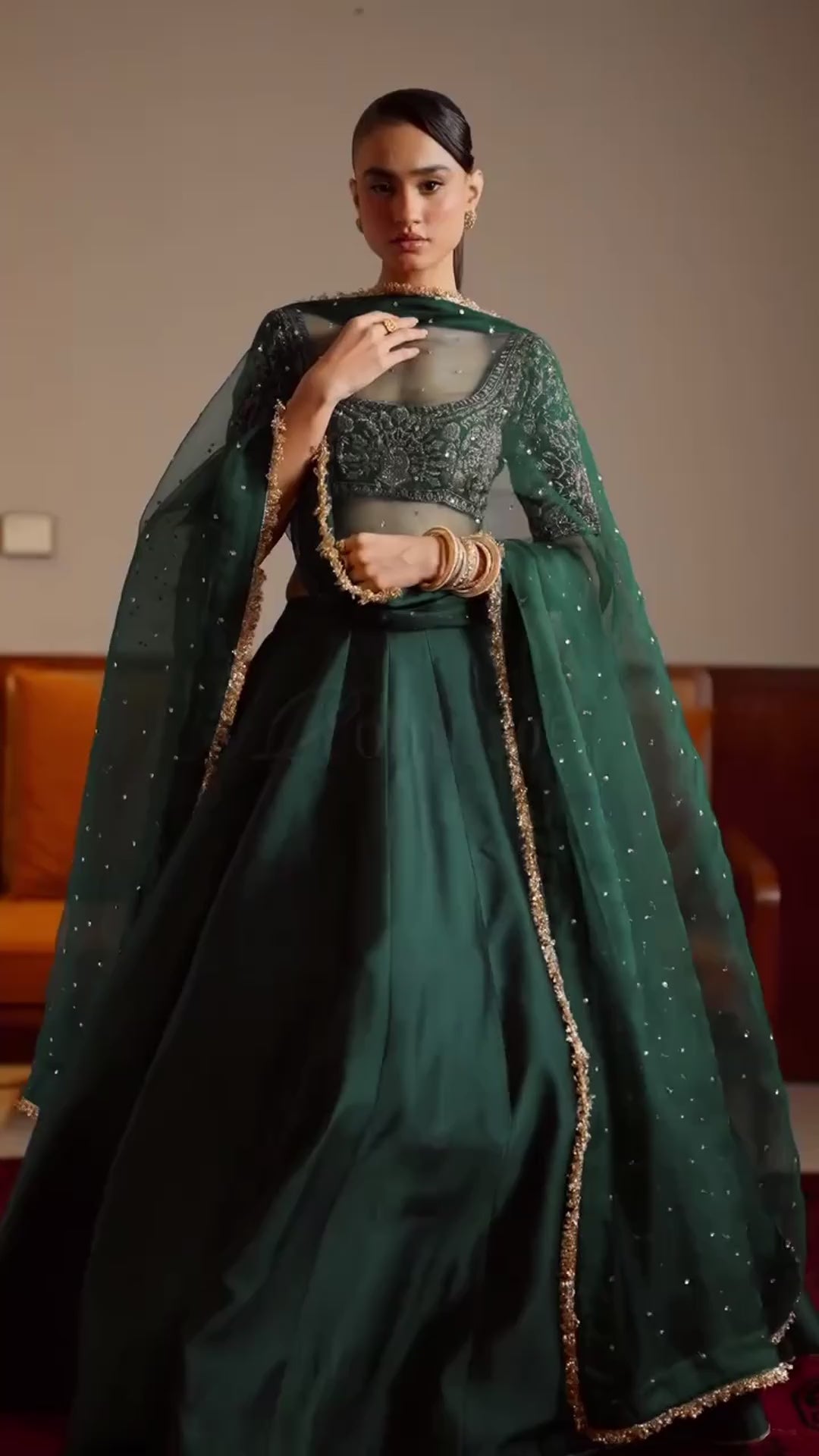 Green satin lehenga set including plain skirt with can-can, unstitched embroidered blouse and net dupatta – WishTown Fashion Club
