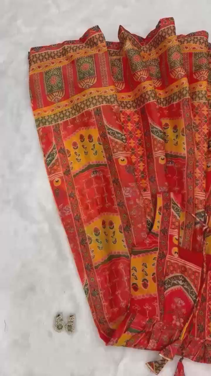 Red Jimmy organza silk digital printed Anarkali gown product showcase video - WishTown Fashion Club