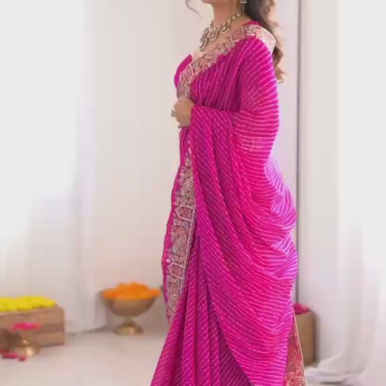 Real model retail showcase video displaying sequin shine and bandhani print vibrancy on dark pink saree - WishTown Fashion Club