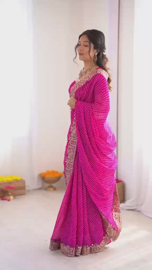 Real model retail showcase video displaying sequin shine and bandhani print vibrancy on dark pink saree - WishTown Fashion Club