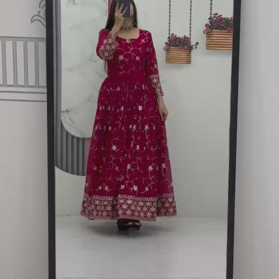 Red faux georgette embroidered partywear gown flowing flare and dupatta video - WishTown Fashion Club