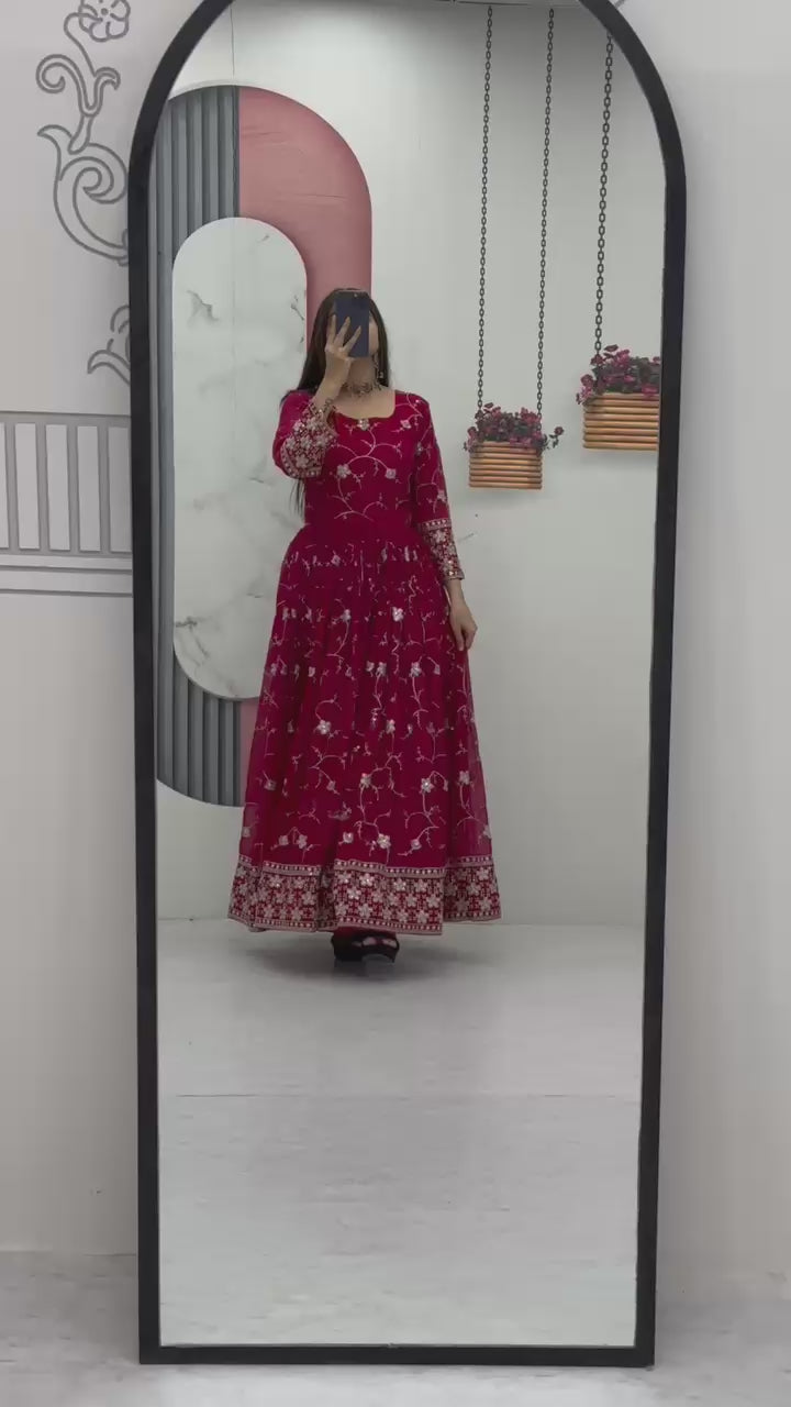 Red faux georgette embroidered partywear gown flowing flare and dupatta video - WishTown Fashion Club