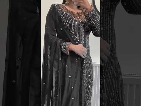 Black faux georgette embroidered mirror work suit set video showcase designer festive ethnic outfit - WishTown Fashion Club