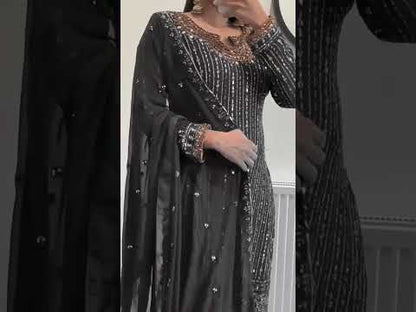 Black faux georgette embroidered mirror work suit set video showcase designer festive ethnic outfit - WishTown Fashion Club