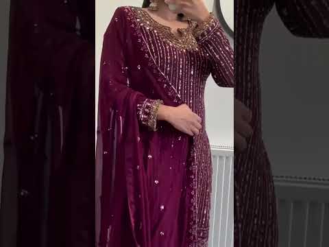 Wine faux georgette embroidered mirror work suit set video showcase festive designer ethnic outfit - WishTown Fashion Club