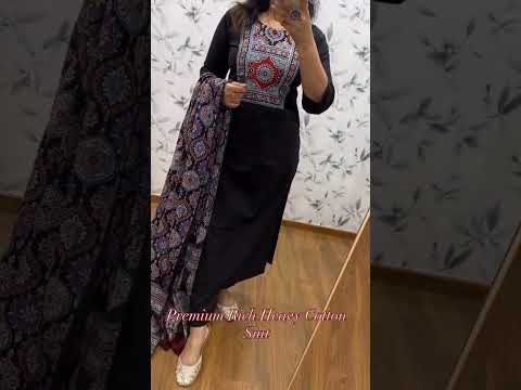 Black premium heavy cotton kurti pant dupatta set with mirror work full look video - WishTown Fashion Club