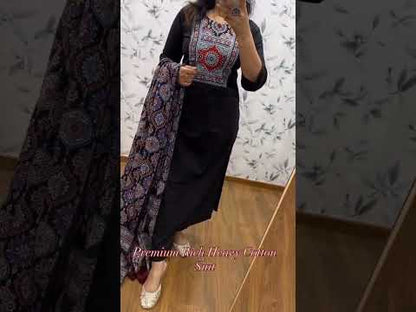 Black premium heavy cotton kurti pant dupatta set with mirror work full look video - WishTown Fashion Club