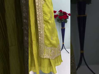 Olive green Chinon silk crush layered gown with embroidered sequence shrug and belt video - WishTown Fashion Club