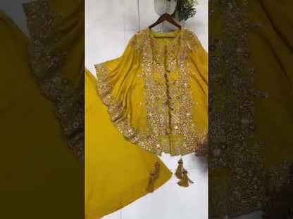 yellow kurta plazzo set video with shrug showing embroidery and full look - WishTown Fashion Club