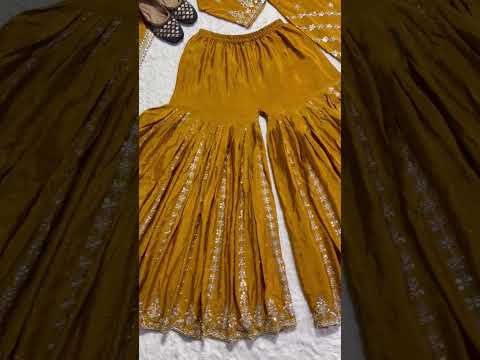 Mustard yellow designer sharara suit with embroidery fancy borders and dupatta video display - WishTown Fashion Club