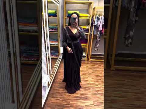 Black heavy Chinon ready to wear saree with embroidery sequence work and designer belt video showcase - WishTown Fashion Club