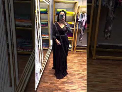 Black heavy Chinon ready to wear saree with embroidery sequence work and designer belt video showcase - WishTown Fashion Club