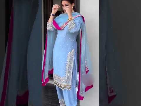 Sky blue diamond georgette embroidered top farshi plazzo and dupatta designer ethnic outfit video - WishTown Fashion Club
