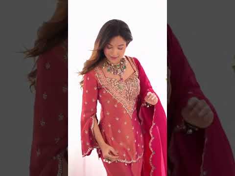 Red Simar silk embroidered top with plazzo pant and georgette dupatta ethnic outfit video - WishTown Fashion Club