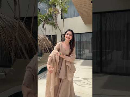 Beige Tabby Organza mukaish work sharara suit set with dupatta festive outfit video - WishTown Fashion Club