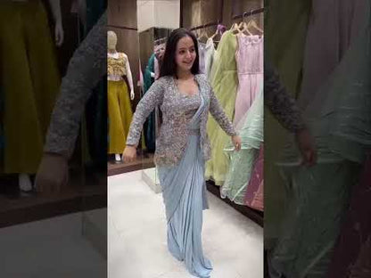 Ready to wear crepe silk saree with embroidered jacket blouse and sequence belt showcase video - WishTown Fashion Club