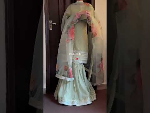 Mint green designer faux georgette sharara set with thread sequence work and digital print dupatta video view - WishTown Fashion Club