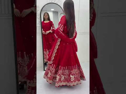Red fox georgette embroidered partywear gown with sequence work and dupatta video view - WishTown Fashion Club